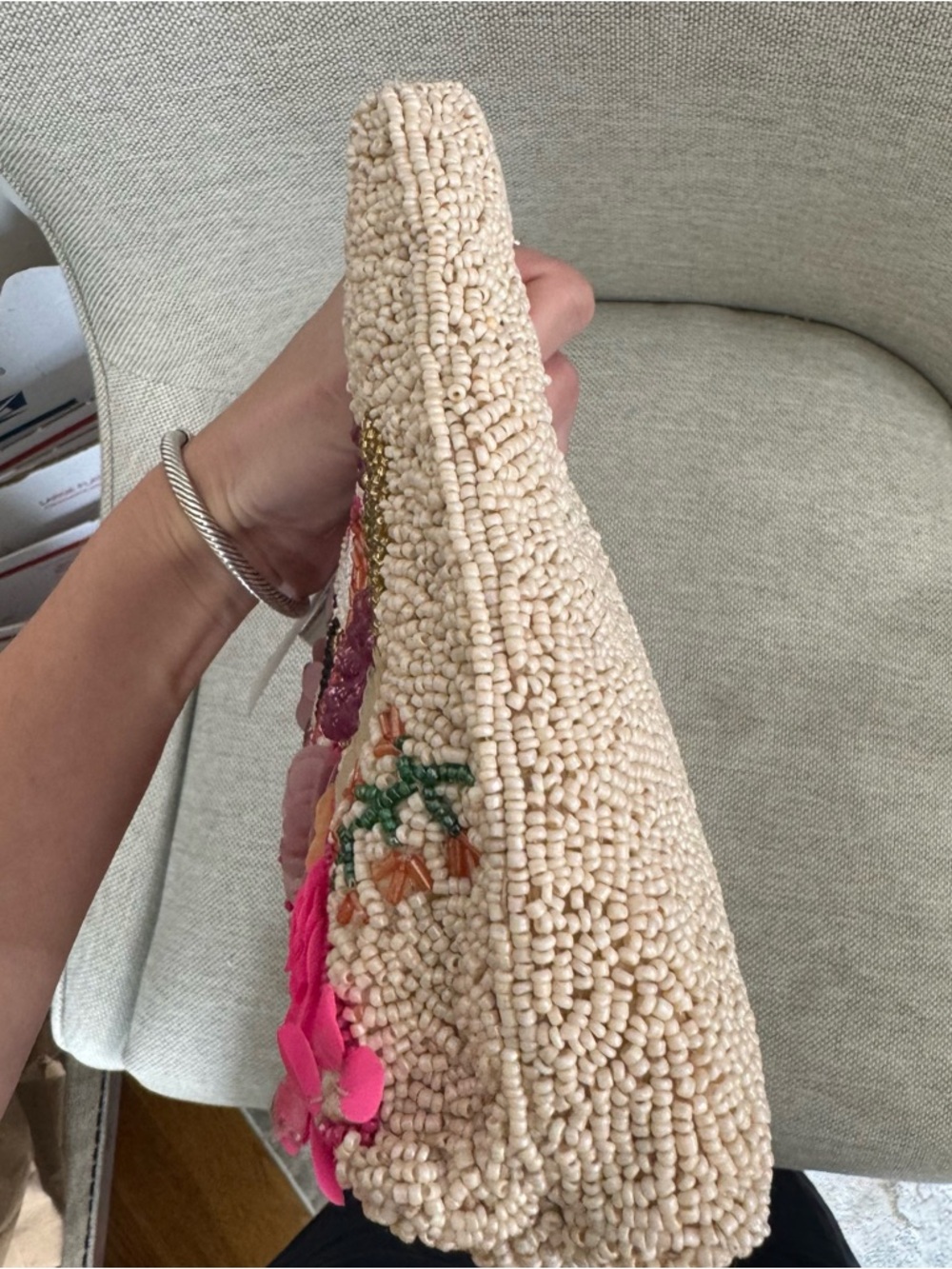 Made in India Beaded Flamingo Embellished handbag- Pink/Peach Floral - Picture 6 of 7